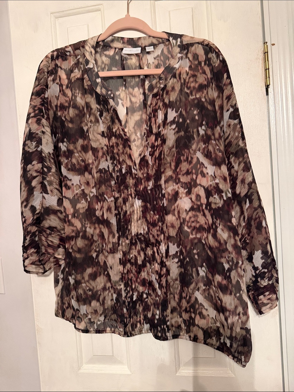 New York & Company Brown Multi Sheer Floral Blouse